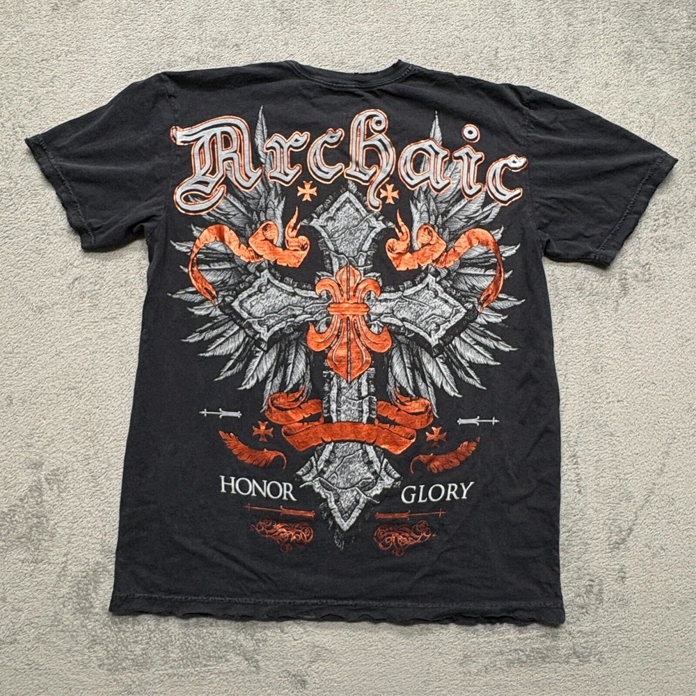 Archaic By Affliction T-Shirt Mens Large Black Graphic Cross Wings Distressed